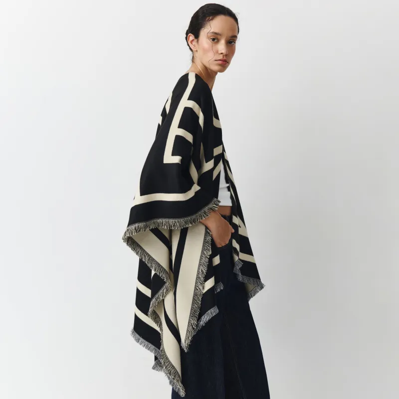 Poncho, 130x160 cm, with fringe, double-sided, viscose / polyester, milky black, poncho