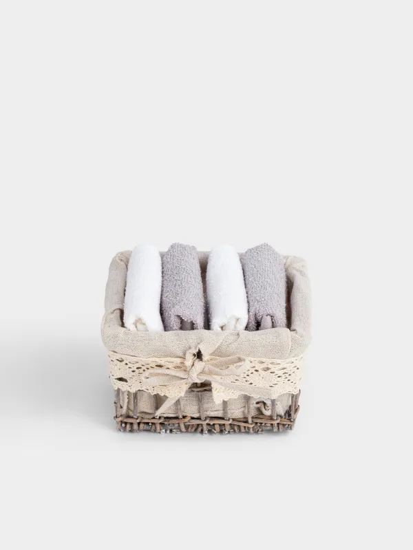 Towel, 30x30 cm, 4 pcs, in a basket, cotton / wood, white / gray, Basket towel, image-0