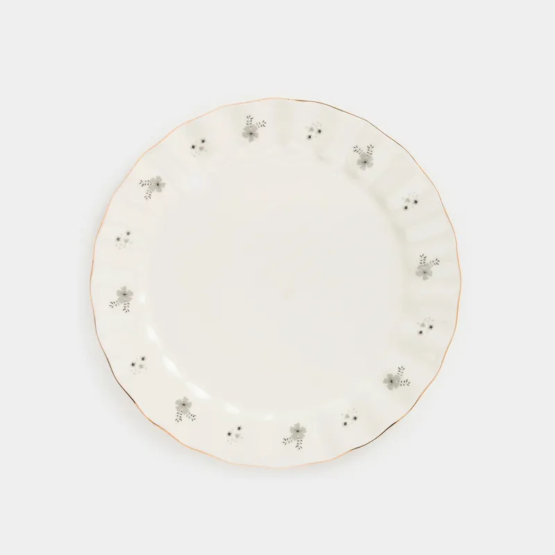 Dinner plate, 27 cm, porcelain P, milky, with golden edging, Grey flowers, Florals