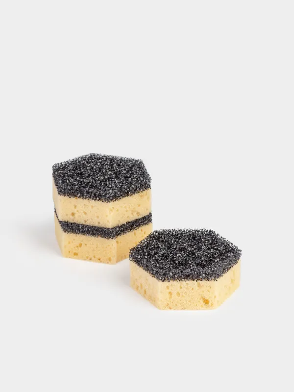 Dish washing sponge, 9x8 cm, 3 pcs, foam rubber/abrasive, black and beige, Black clean, image-0