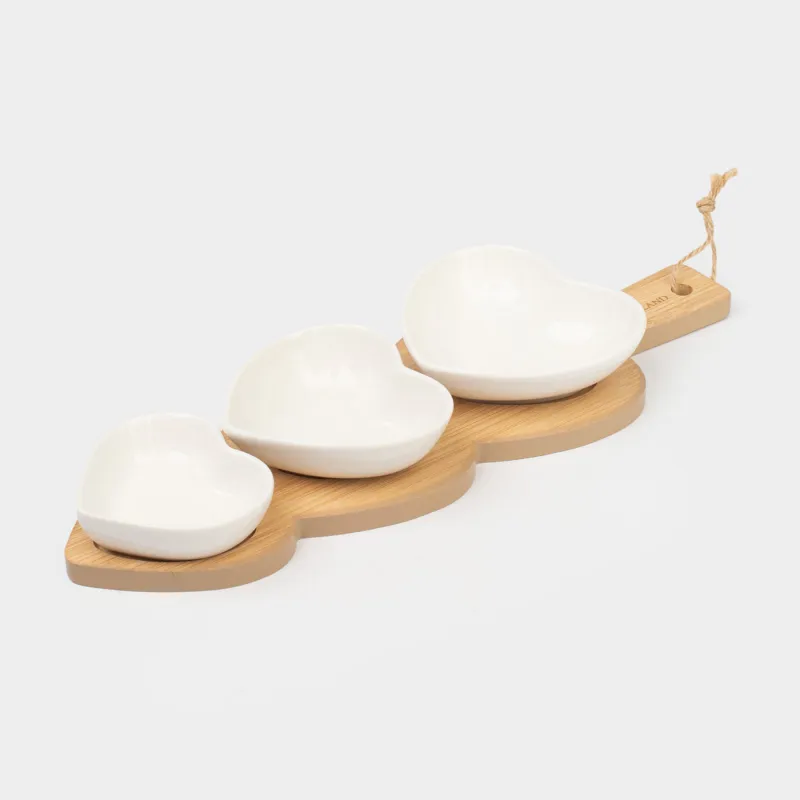 Snack set, 3 items, on a stand, ceramic / bamboo, Hearts, Heart