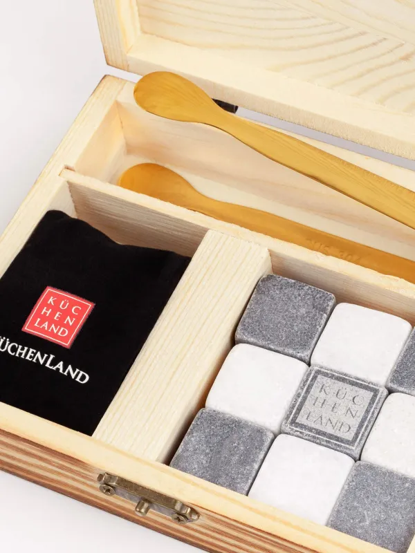 Set of cubes for cooling drinks, 12 pr, with tongs, in a box, marble / steel, Marble, image-1