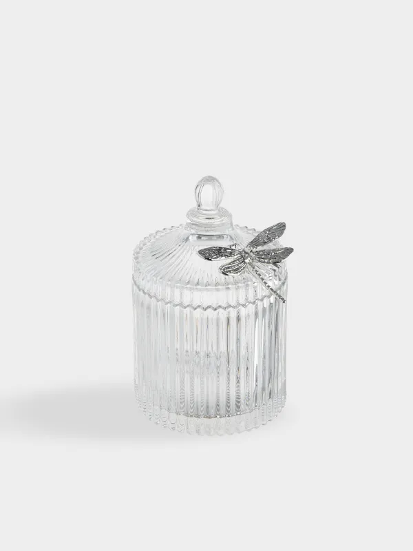 Candy bowl, 17x10 cm, 550 ml, with lid, glass R / metal, Silver dragonfly, Selene, image-4