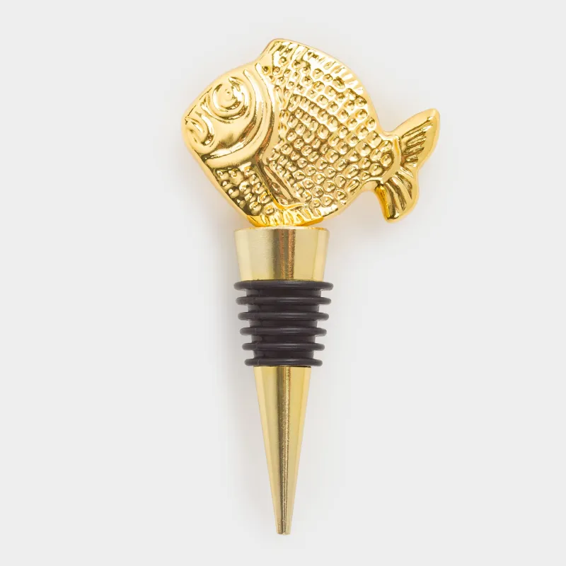 Wine bottle stopper, 10 cm, metal / silicone, Golden, Fish, Goldfish, image-0