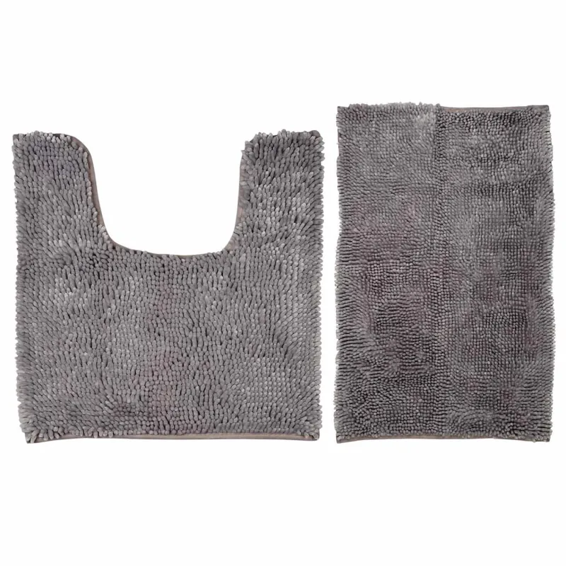 Bathroom mat, 50x80 / 50x50 cm, 2 pcs, Anti-slip, Polyester, Grey, Fluffy, image-0