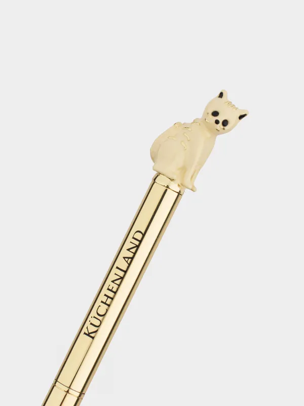 Ballpoint pen, 14 cm, with a figure, steel, gold, Beige cat, Draw figure, image-2