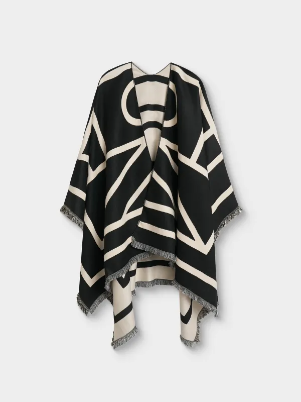 Poncho, 130x160 cm, with fringe, double-sided, viscose / polyester, milky black, poncho, image-4