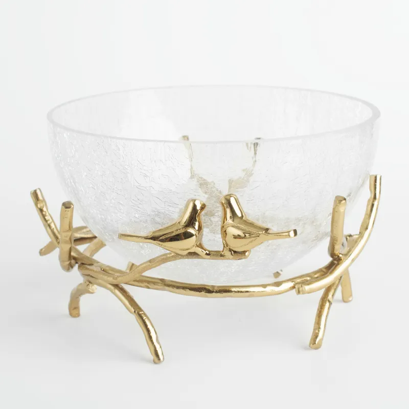 Deep dish, 21x9 cm, on a stand, glass / metal, golden, Birds, Fantastic gold