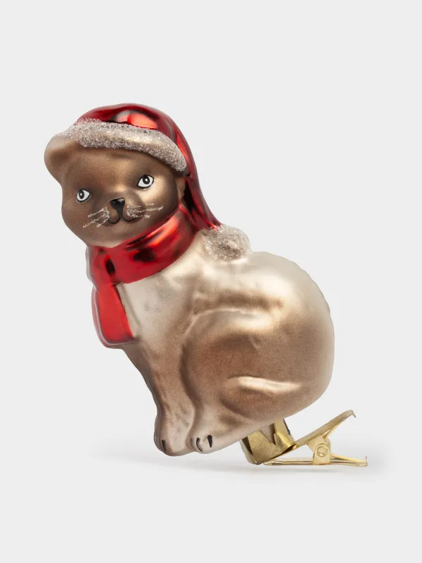 Christmas tree toy, 11 cm, on a clip, glass, Cat in scarf, Figure christmas, image-0