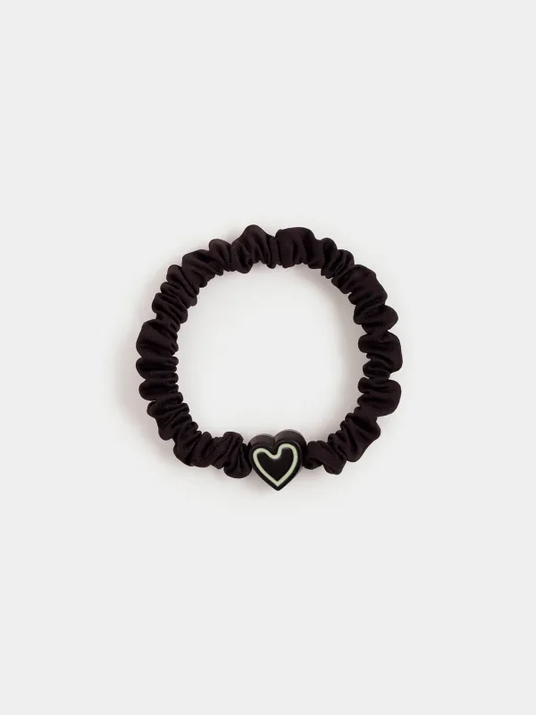 Elastic band for hair, 5 cm, satin/plastic, black, Heart, Silk, image-0