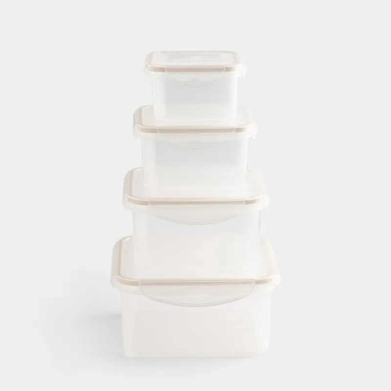 Container set, 4 pcs, with clips, plastic / silicone, Square, Beige, Roomy clip