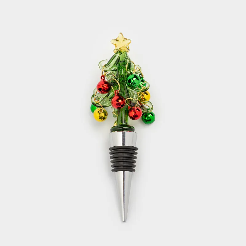 Wine bottle stopper, 10 cm, metal/glass, green, Christmas tree, Christmas traditions