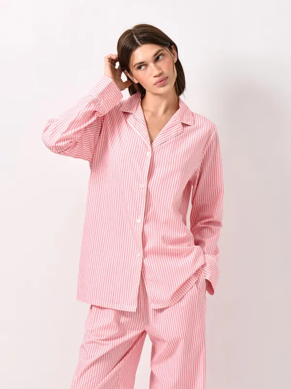 Women's shirt, homewear, size L, with long sleeves, cotton / viscose, red, Stripe, Lonisa, image-0