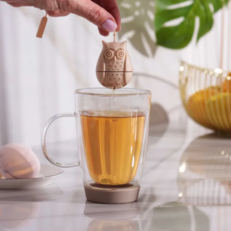 Tea strainer, 19 cm, Silicone, Beige, Owl, Owl, image-2