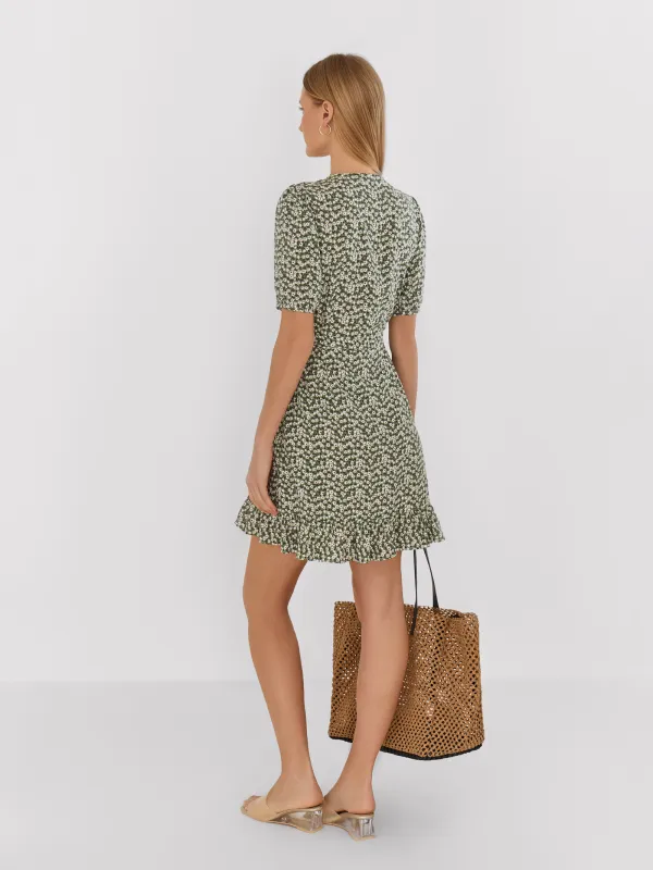 Women's wrap dress, mini, size S, with short sleeves, viscose, blue, Flowers, Marcia, image-5