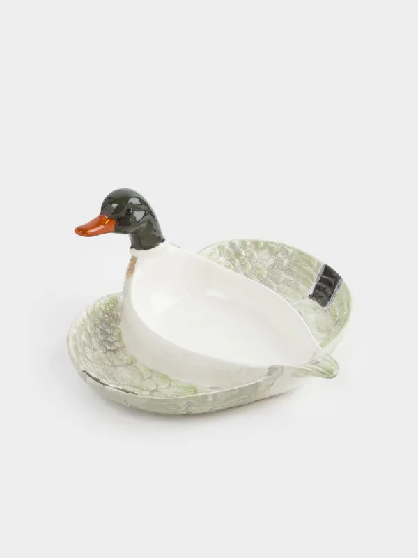Divided plate, 21x20 cm, 3 compartments, ceramic, green and white, Drake, Duck, image-1