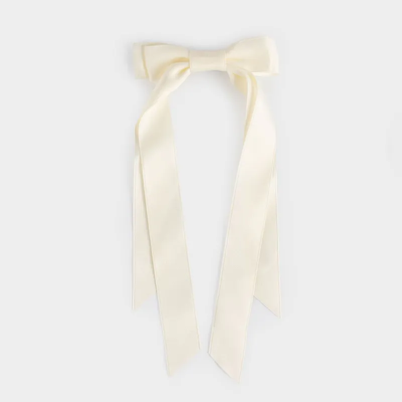 Hair clip, 24 cm, for children, satin / metal, milky, Bow, Silk