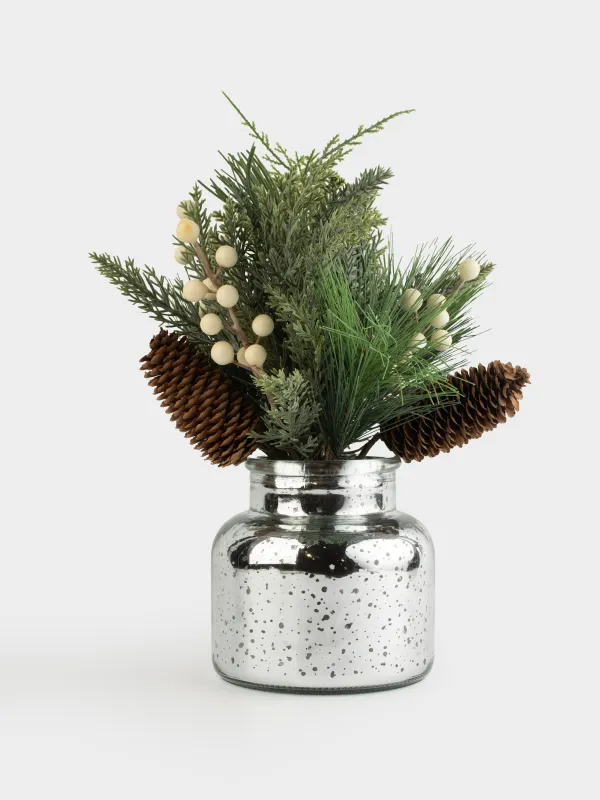 Decorative composition, 35 cm, potted, plastic / glass, Needles with beads, Conifer decor, image-0