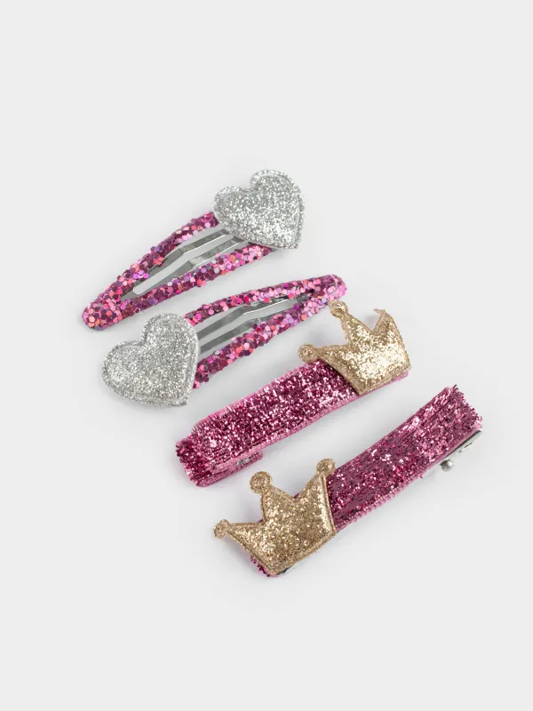 Hair clip set, 5 cm, 4 pcs, children's, plastic / metal, purple, Crown/Heart, Gracile, image-1