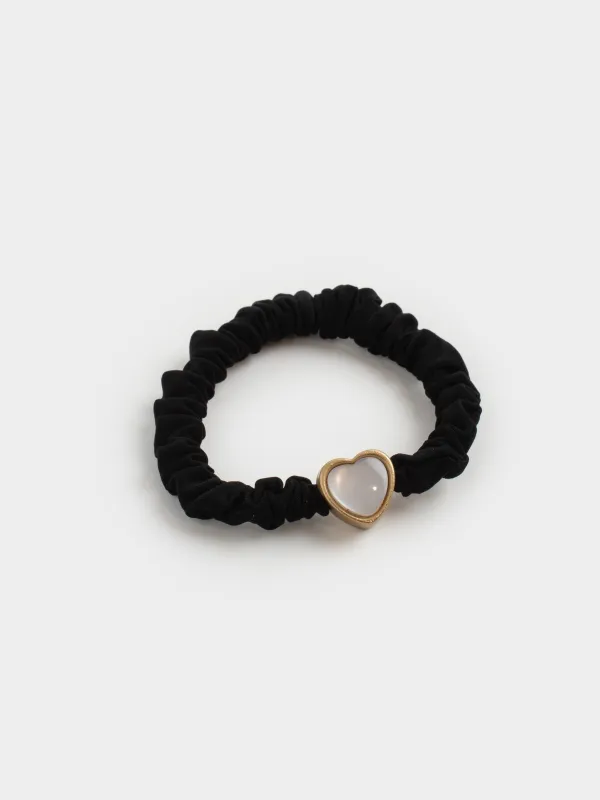 Hair tie, 6 cm, satin/plastic, black, Heart, Silk, image-1