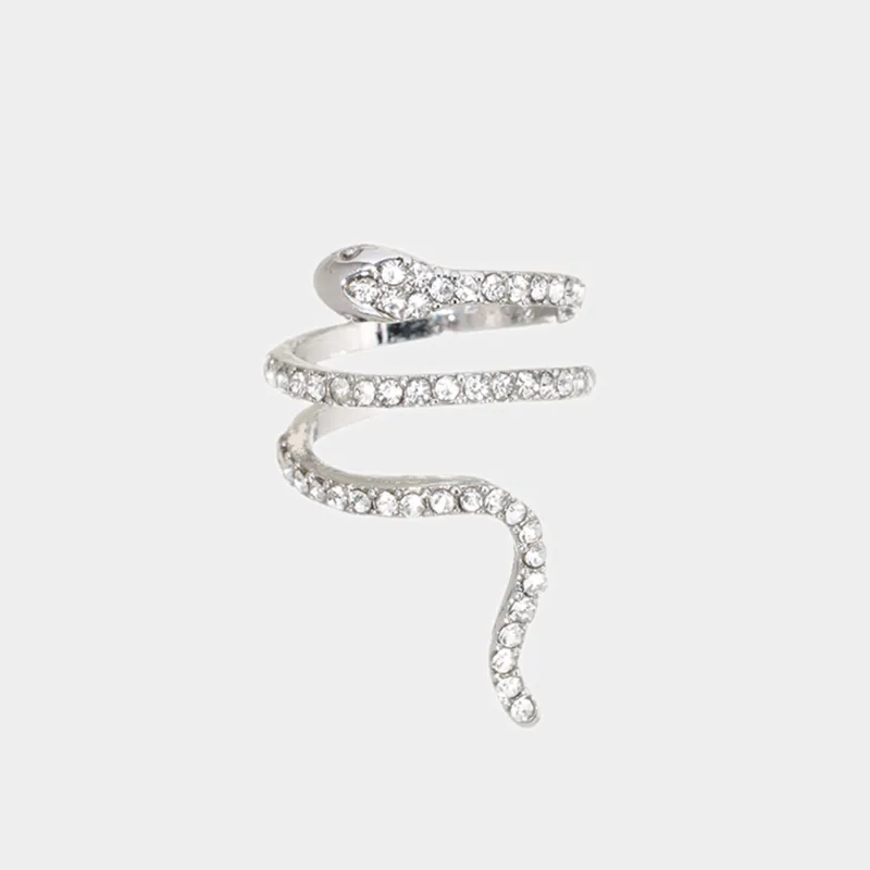 Ring, Size S-M, single size, Metal / rhinestones, Silver, Snake, Jewelry crystal