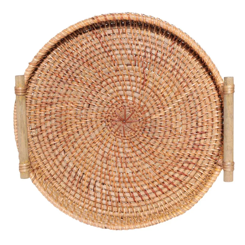 Tray, 24 cm, wicker, with handles, rattan / wood, round, Eco home, image-2