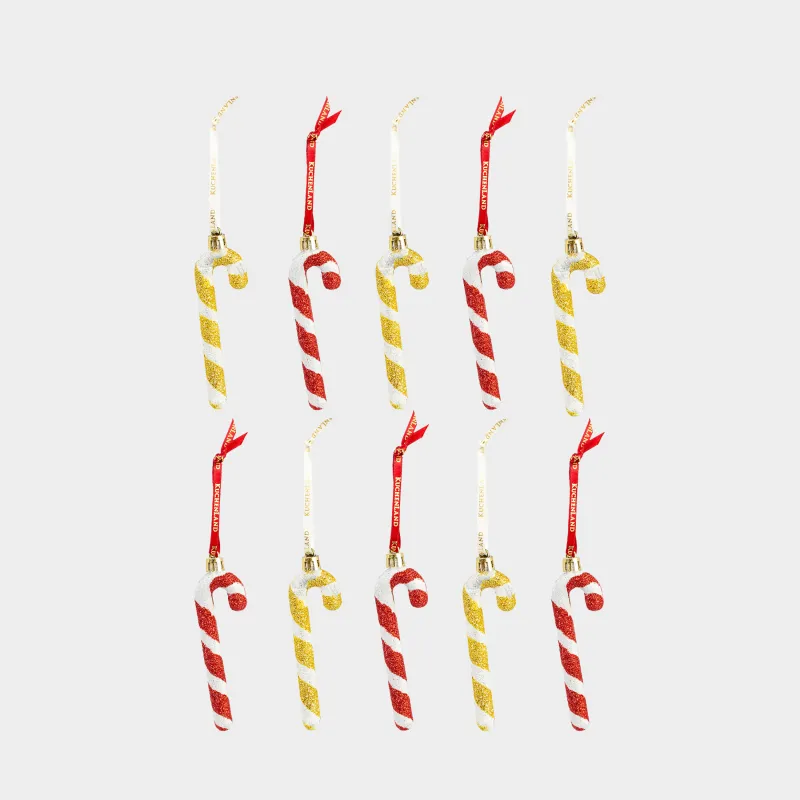 Christmas tree toy set, 7 cm, 10 pcs, plastic, with glitter, gold, Walking stick, Figure sparkle