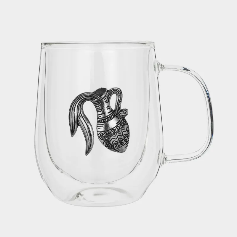 Mug, 350 ml, glass B / metal, silver, Aquarius, Air zodiac, image-1