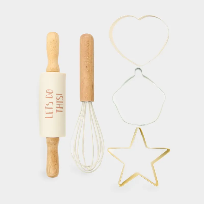 Baking set, 5 items, Rolling pin/whisk /molds, silicone / steel / wood, Shapes, Bakery