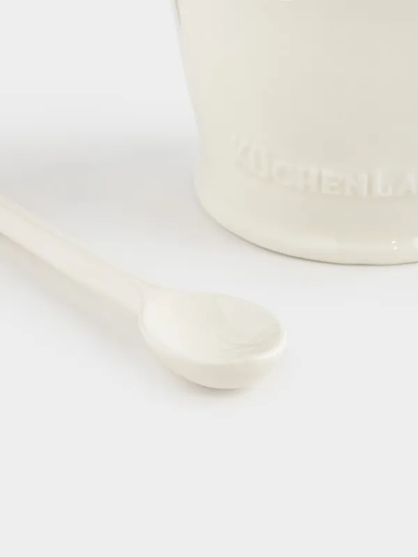 Salt container, 15 cm, with spoon, ceramic, milky beige, speckled, Ceramo speckled, image-4