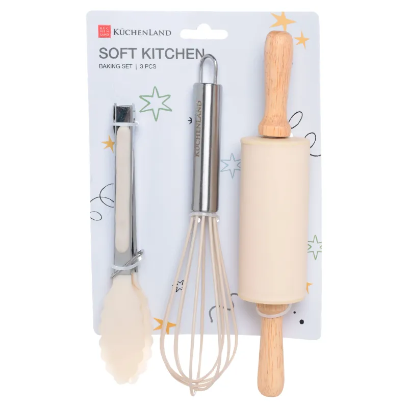 Baking set, 3 items, rolling pin/whisk/tongs, silicone / steel, milky, Soft kitchen, image-4