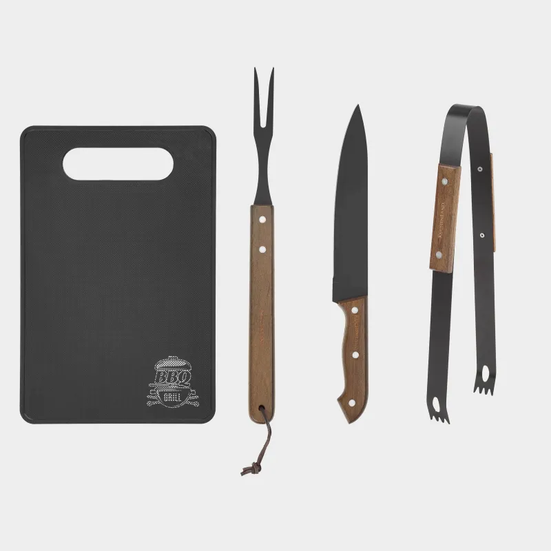 BBQ set, 4 items, in leather case, steel / wood / eco-leather, BBQ