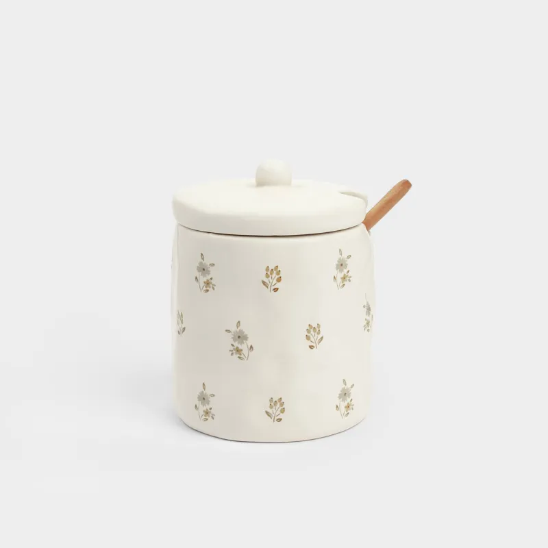 Sugar bowl, 11 cm, 370 ml, with spoon, ceramic / wood, milk, Vintage flowers, La flore