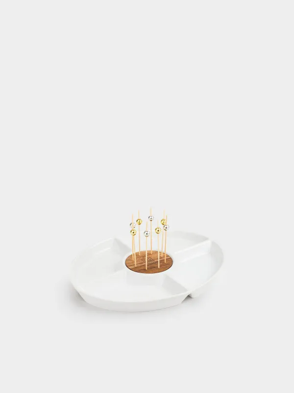 Divided plate, 27x22 cm, 4 compartments, with skewers, porcelain / bamboo, white, Light kitchen, image-0