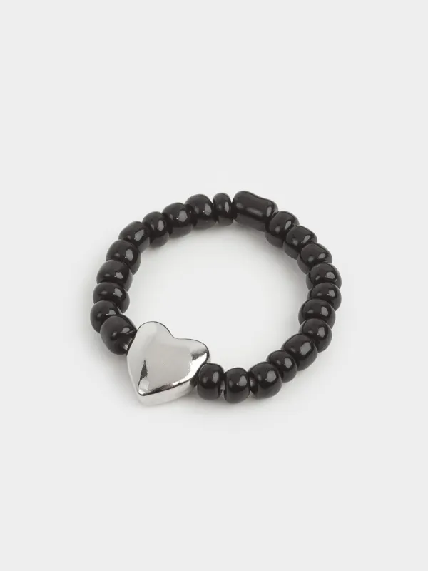 Ring, size S-M, Single size, Glass / metal, black, Heart, Jewelry black, image-1