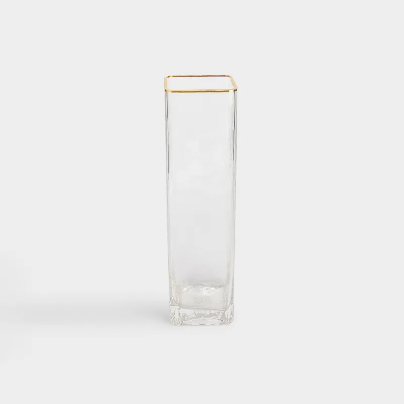 Flower vase, 30 cm, glass, rectangular, with golden edging, Ripply Gold