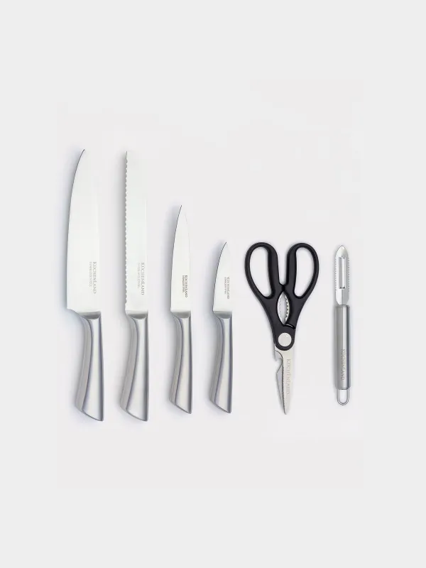 Knife set, 6 pcs, in stand, with peeler / scissors, steel / plastic, Pascale, image-1