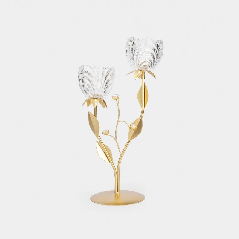 Candle holder, 39 cm, 2 tea candles, glass / metal, bronze, Flowers with beads, Fantastic flowers