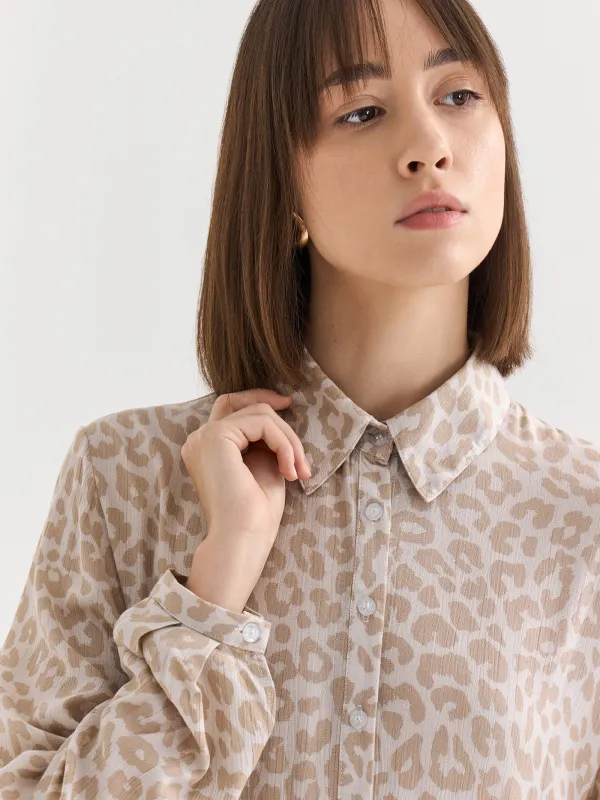 Women's dress, maxi, size S, with long sleeves, Viscose, Gray-beige, Leopard, Becky, image-5