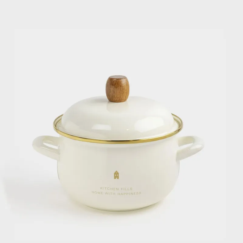 Pot, 20 cm, 2.8 l, with lid, enameled metal / wood, milky, House, Enamel