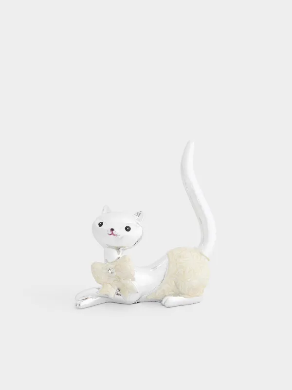 Jewelry holder, 9 cm, Polyresin, Silver, Cat with bow, Cat, image-0