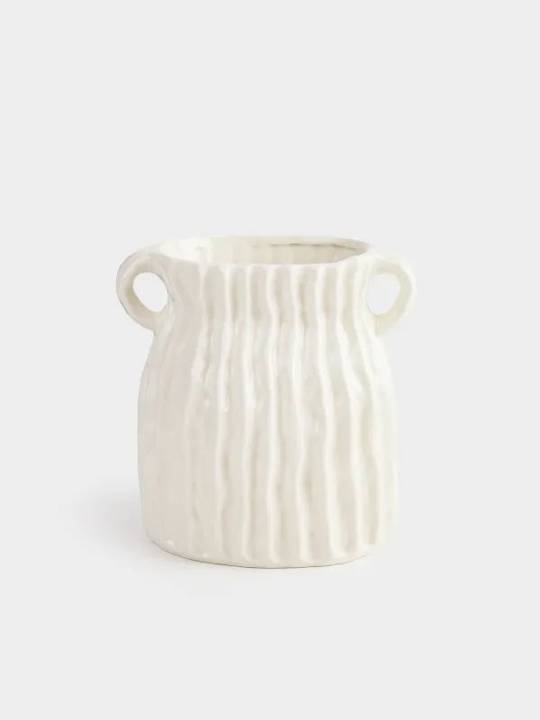 Flower vase, 18 cm, with handles, ceramic, White, Textured lines, Wavy, image-0