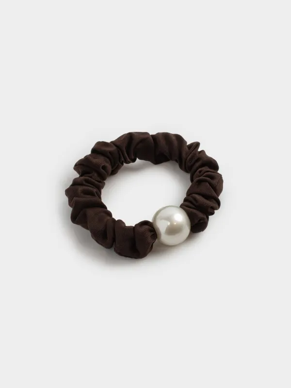 Hair tie, 6 cm, satin/plastic, brown, Bead, Silk, image-1