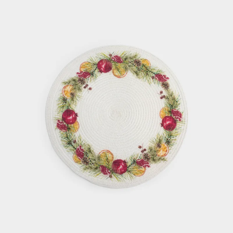 Placemat, 38 cm, polyester, round, white, Pomegranates and oranges, Rotary print