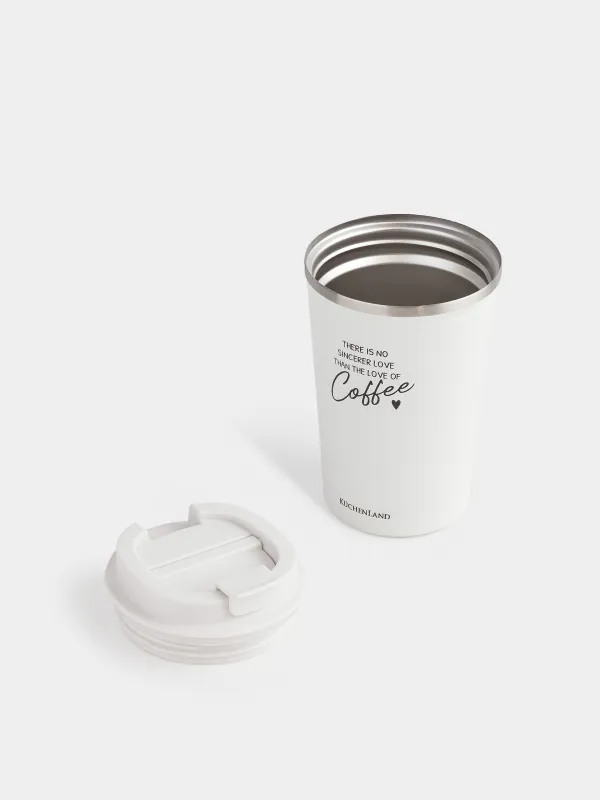 Thermo mug, 350 ml, steel / plastic, white, with inscription, Coffee time, image-1