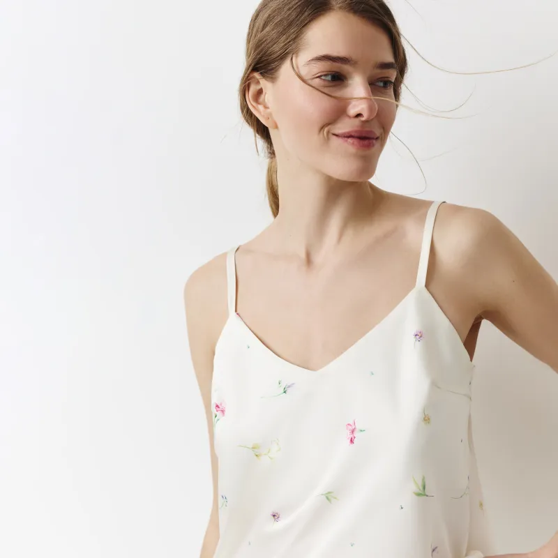 Women's top, homewear, size L, straps, polyester, milky, Flowers, Sevilla