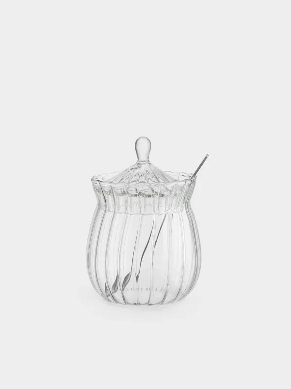 Sugar bowl, 12 cm, 350 ml, with spoon, glass R / steel, Camellia, image-0