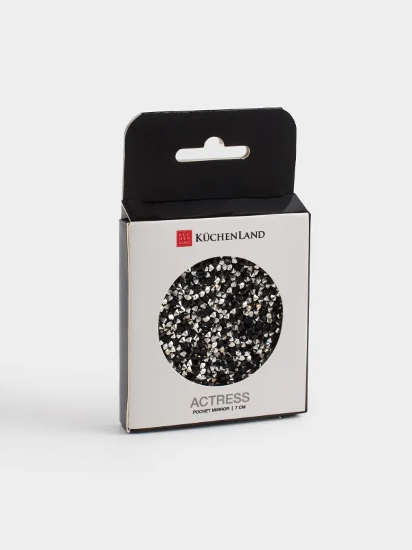 Pocket mirror, 7 cm, double-sided, steel, silver, Black sequins, Actress, image-4