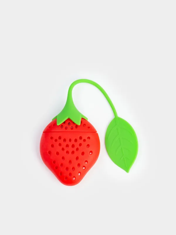 Tea strainer, 20 cm, Silicone, Red-green, Strawberry, Manny, image-1