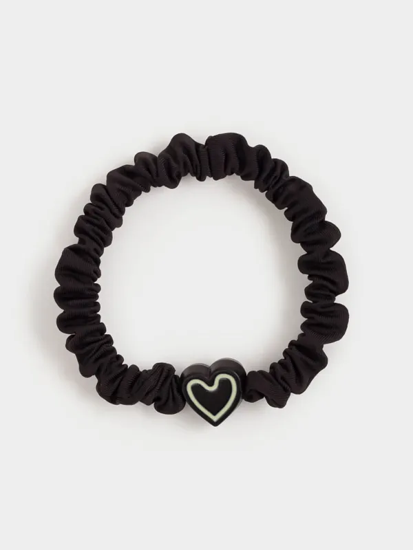 Elastic band for hair, 5 cm, satin/plastic, black, Heart, Silk, image-0